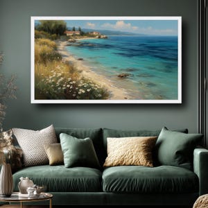 Fridfull kustlandskap canvas, Medelhavskust väggkonst, tropisk strandmålning, blommig strandlinje canvasdekor, havsutsikt bild 6