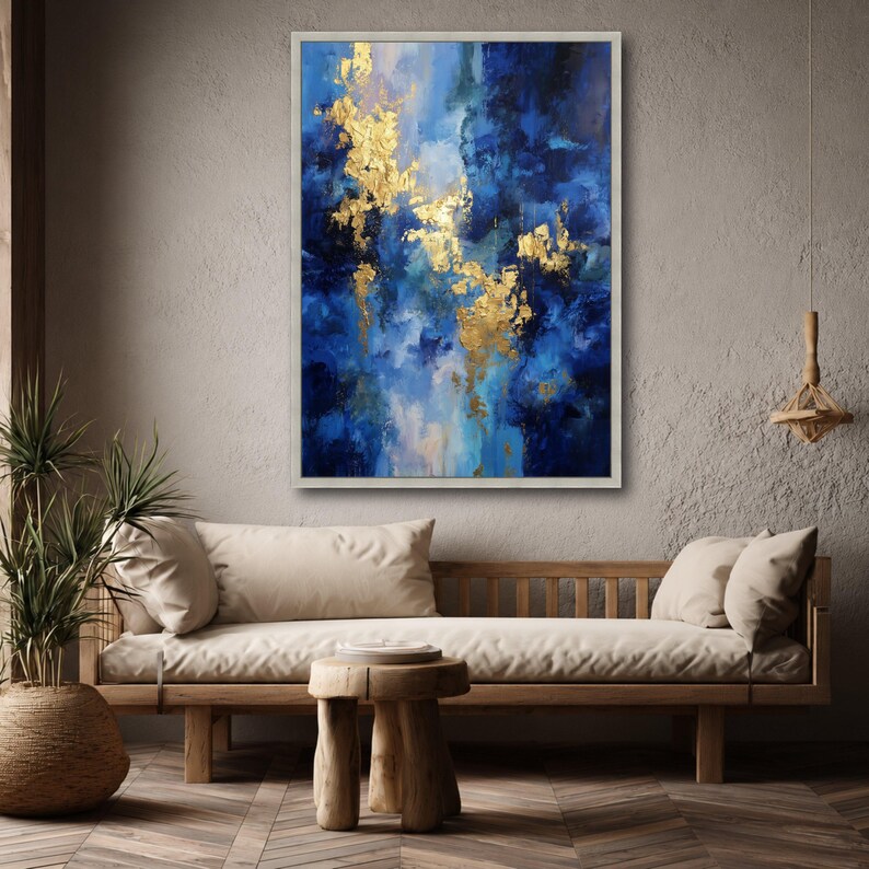 Abstract Blue and Gold Texture Canvas Wall Art, Modern Metallic Accent ...