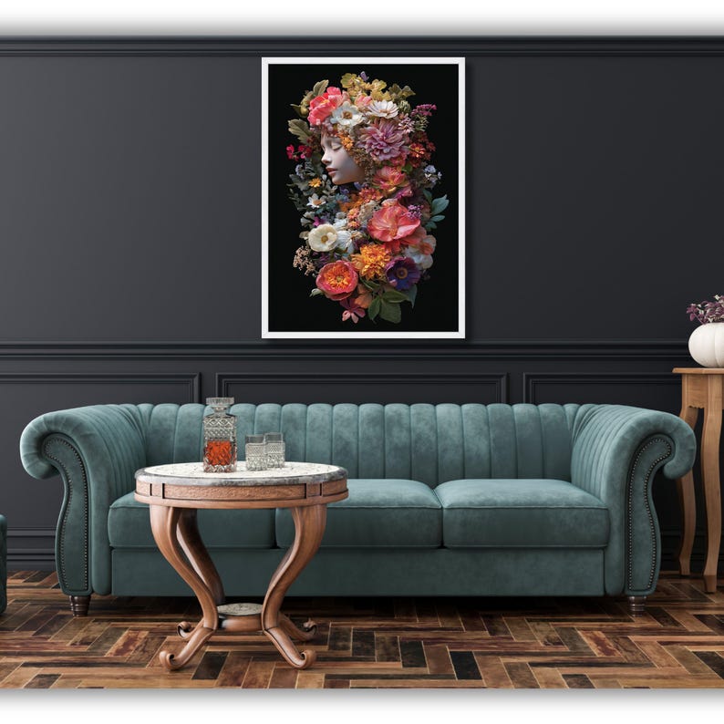 Floral Portrait Canvas Wall Art, Woman Face With Colorful Flowers ...
