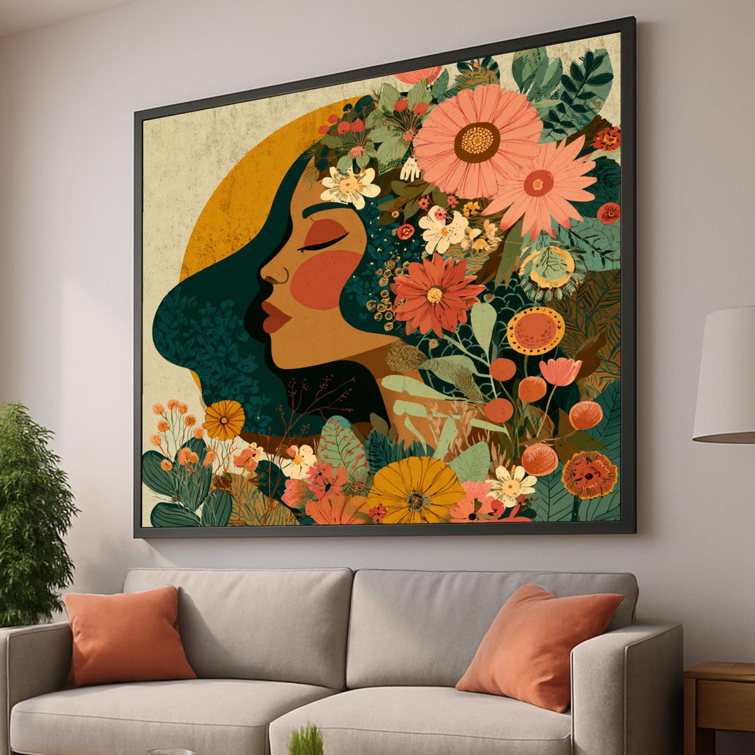 Serene Woman Profile With Floral Crown Canvas, Boho Chic Wall Art ...