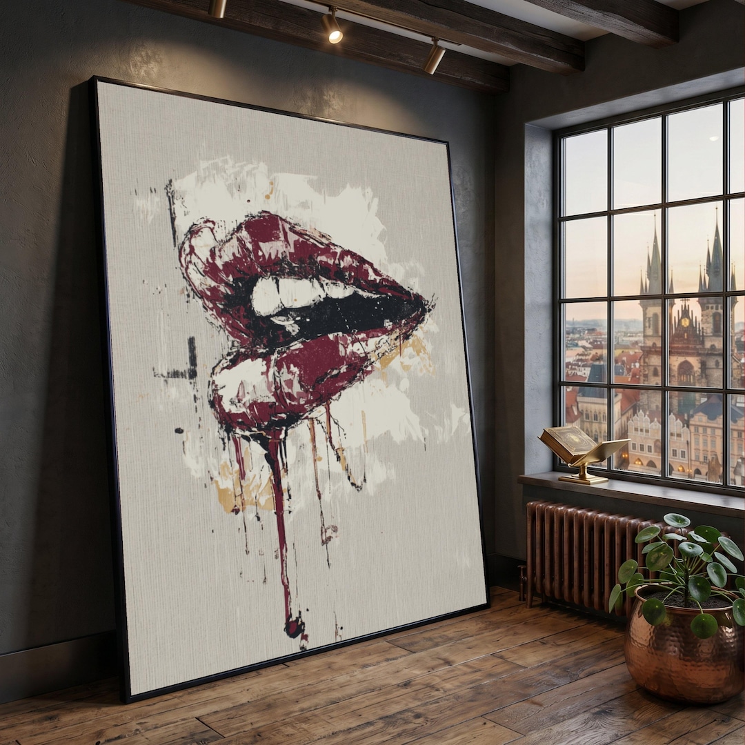 Abstract Red Lips Canvas Wall Art, Dripping Paint Lips Print, Modern ...