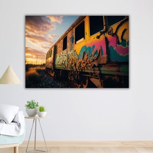 Graffiti Train Kunst Leinwanddruck, Urban Street Art, fertig zum Aufhängen, gerahmte Wanddekoration