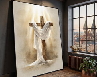 Rustic Wooden Cross with White Draped Cloth Canvas, Religious Christian Wall Art, Spiritual Home Decor, Inspirational Faith Canvas Painting