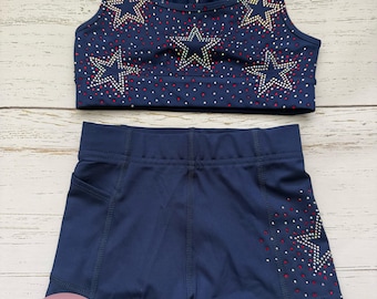 Rhinestone Star Sports Bra | 4th of July Outfit | Star Cheer Shorts | Rhinestone Bra | Rhinestone Shorts