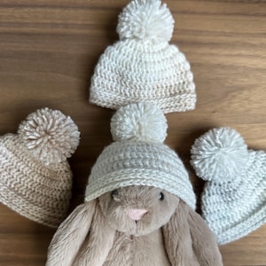 Handmade Crochet Pom-Pom Beanie Hat for Plushie - Neutral Collection
