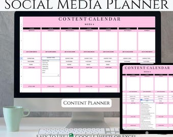 May include: A digital social media planner displayed on a computer monitor and a tablet screen. The interface features a pink and white content calendar for week 4, with columns for days of the week, content types, platforms, hooks, and captions.
