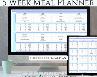 5 Week Meal Planner Google Sheets, Meal Prep Planner Template, Weekly Meal Planning Grocery List, Printable Meal Planner Spreadsheet