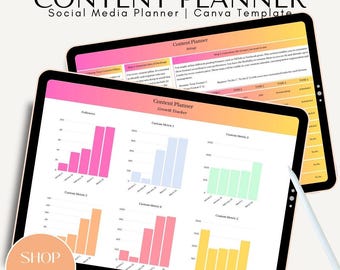 May include: Two tablets displaying a digital content planner with a pink and orange gradient background. The screens show growth tracker bar charts and setup instructions with the text She Hustles Plan CONTENT PLANNER Social Media Planner.