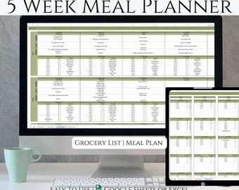 5 Week Meal Planner Google Sheets, Meal Prep Planner Template, Weekly Meal Planning Grocery List, Printable Meal Planner Spreadsheet