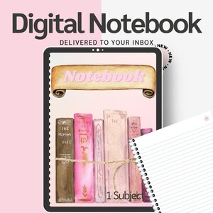 May include: A digital notebook with a watercolor illustration of a stack of books on a pink background. The text "Notebook" is written in pink on a scroll. The text "1 Subject" is at the bottom of the image.