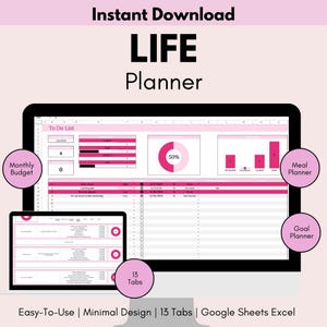 Life Planner Digital Template Google Sheets, Digital Life Planner, Easy Pink Life Planner for Google Sheet Budget Spreadsheet