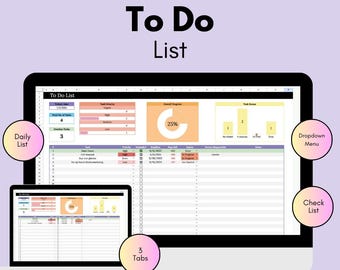 May include: A computer screen displaying a to-do list template with three tabs. The template is designed for use with Google Sheets or Excel. The template includes a daily list, a check list, and a drop-down menu. The template is color-coded and includes a progress bar. The text on the screen reads "To Do List".