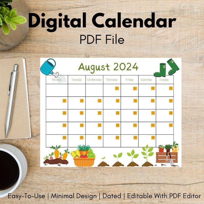 August 2024 Calendar Printable Garden Planner Calendar Cute Garden ...