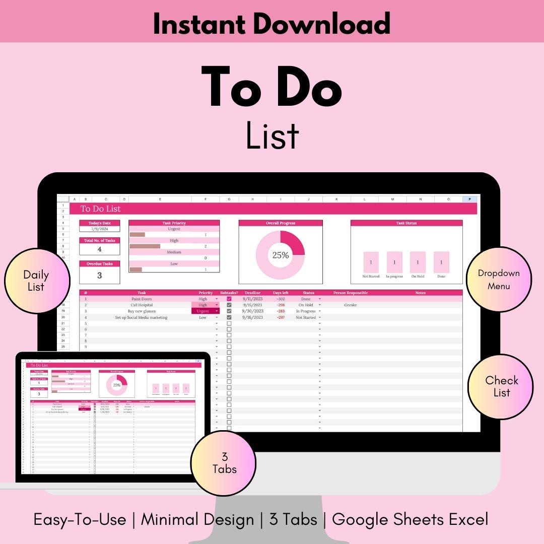 To Do List, Task Tracker, and Productivity Planner, Pink Digital Google ...