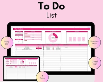 May include: A pink and white digital to-do list template with three tabs, a progress bar, and a check list. The template is designed for use with Google Sheets or Excel.