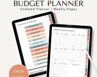 May include: A digital budget planner displayed on two tablets, featuring a She Hustles Plan title, weekly expense check-in tables, and a challenges and trackers page with colorful bars for debt and savings funds, accompanied by a white stylus pen.