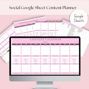 Könnte beinhalten: Ein Computerbildschirm zeigt eine rosa und schwarze Google Sheet-Vorlage für einen Content-Kalender. Die Vorlage ist mit "Content Calendar" beschriftet und enthält Spalten für jeden Tag der Woche mit Abschnitten für "Link to Content Graphic", "Platform", "Hook", "Caption" und "Staline".