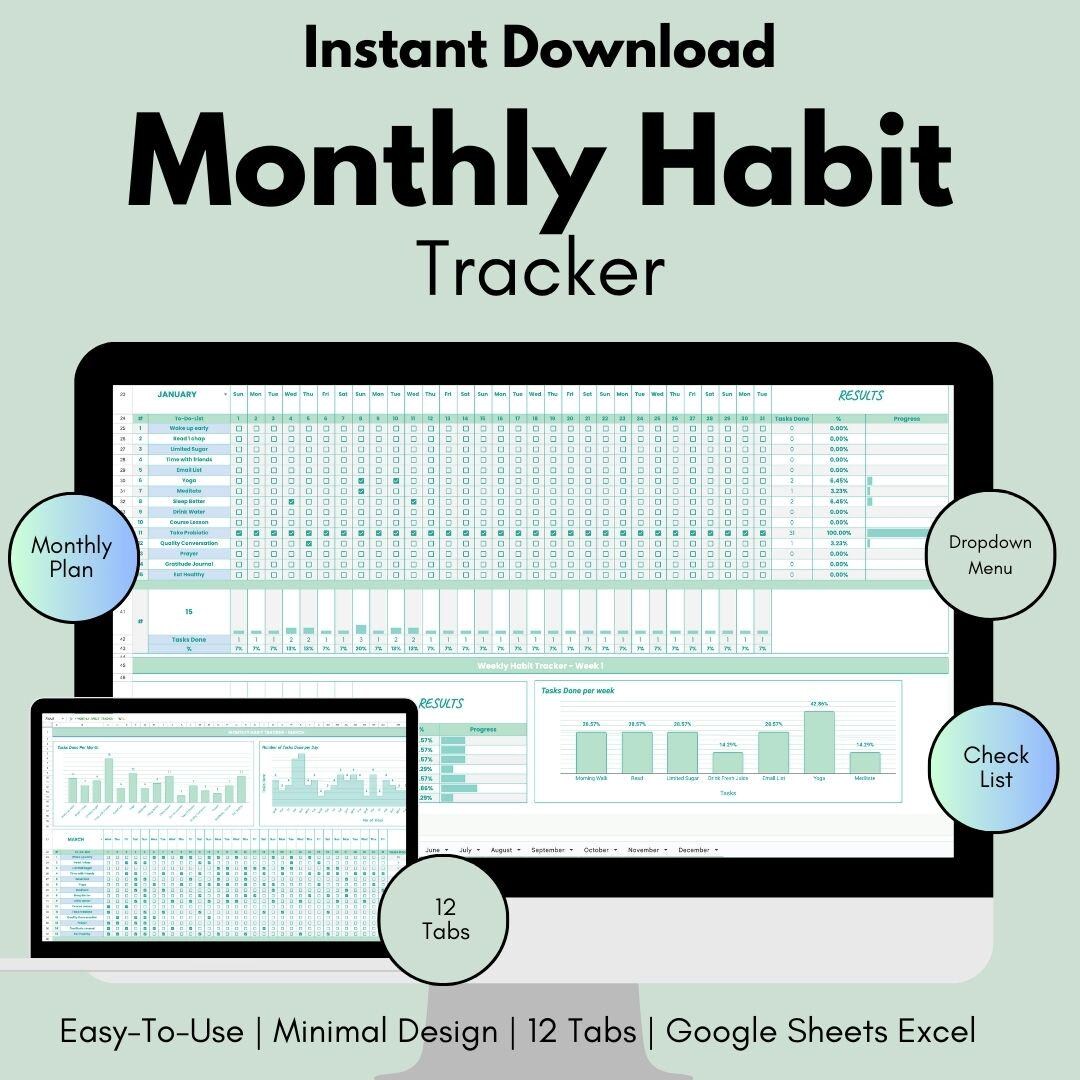 Habit Tracker Google Sheets | Green Monthly Planner Template | Flower ...