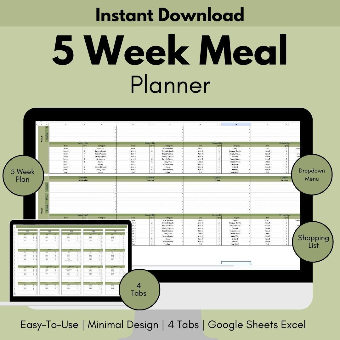 5-week Meal Planner Printable Printable Weekly Meal Planning Sheet Meal ...