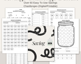 May include: A digital printable savings challenge bundle featuring various black and white tracking sheets. Includes templates for $3000 in 52 weeks, $1000 in 30 days, $15000 in 26 weeks, and a jar of hearts tracker with fields for start dates and savings goals.