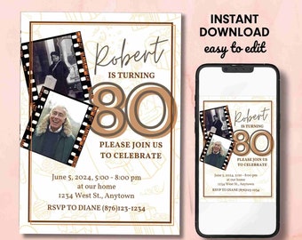 80th Birthday Invitation, Canva Digital Template, Birthday Dinner Invitation, Customizable Birthday Invitation