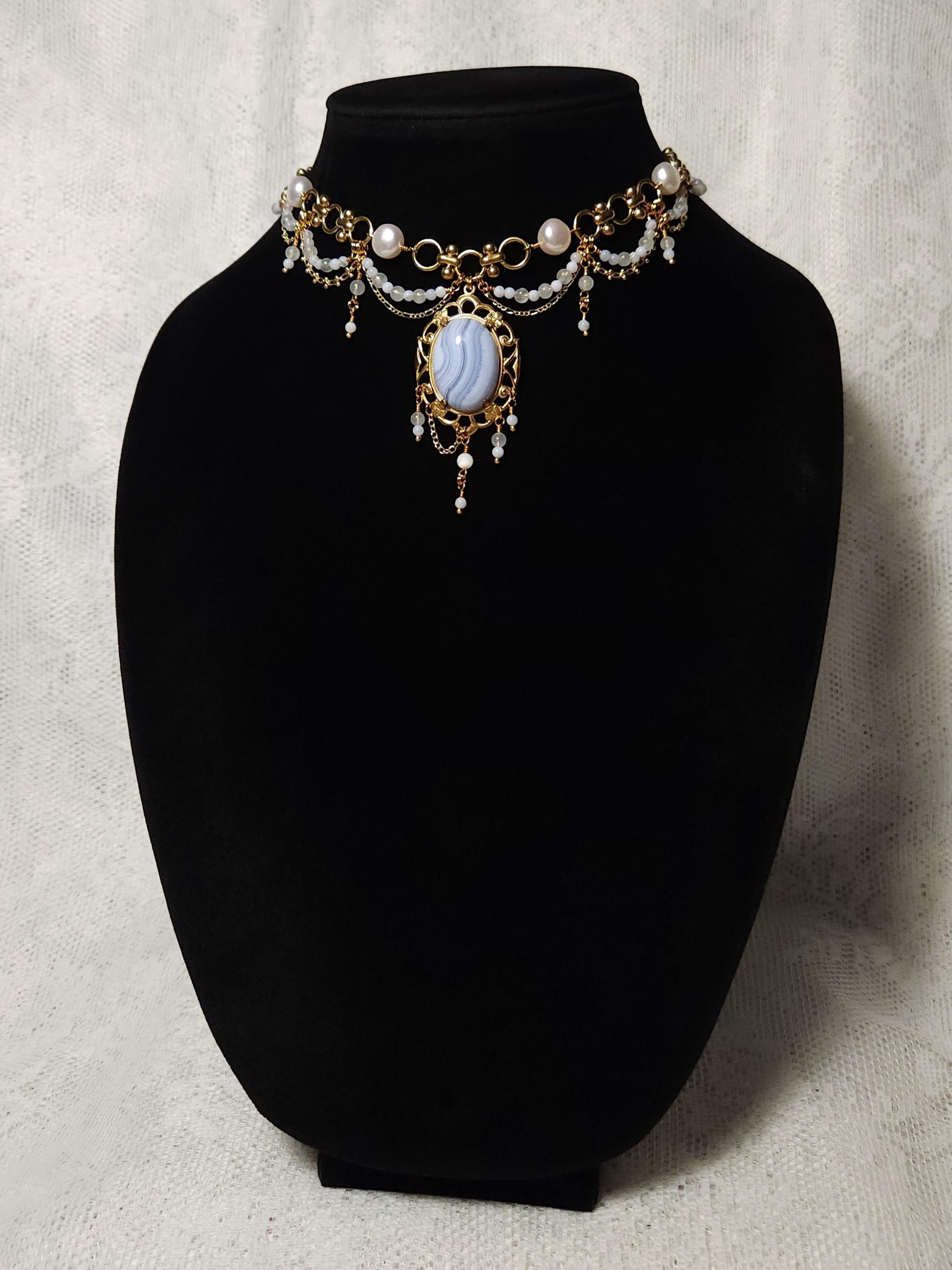 EUPHOTIC | Gold Regency Style Layered Choker with Blue Lace Chalcedony & Brass Chain, Historical Inspired Jewelry, Royalcore Necklace