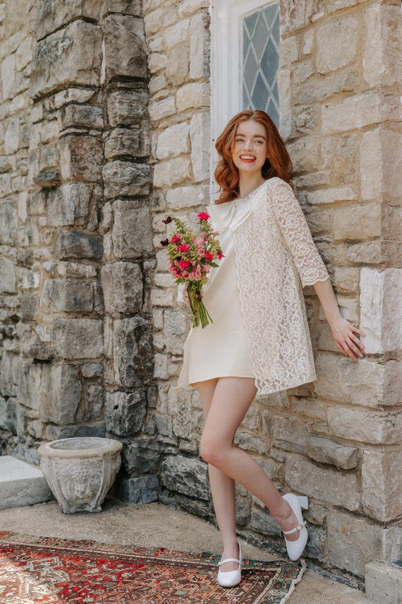 Vintage Ivory Overlay Lace Satin Cottagecore Dress Me… - Gem