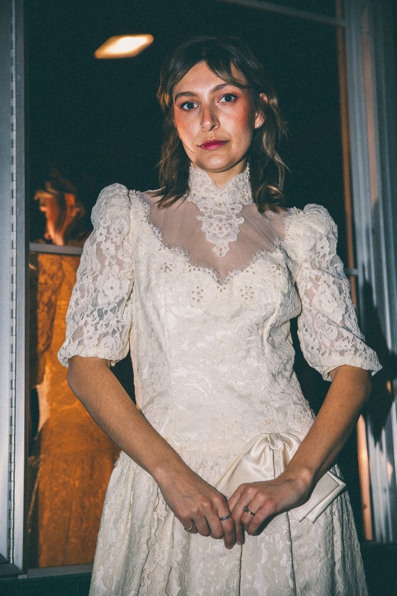 80s Drop Waist Beaded Tea Length Wedding Dress