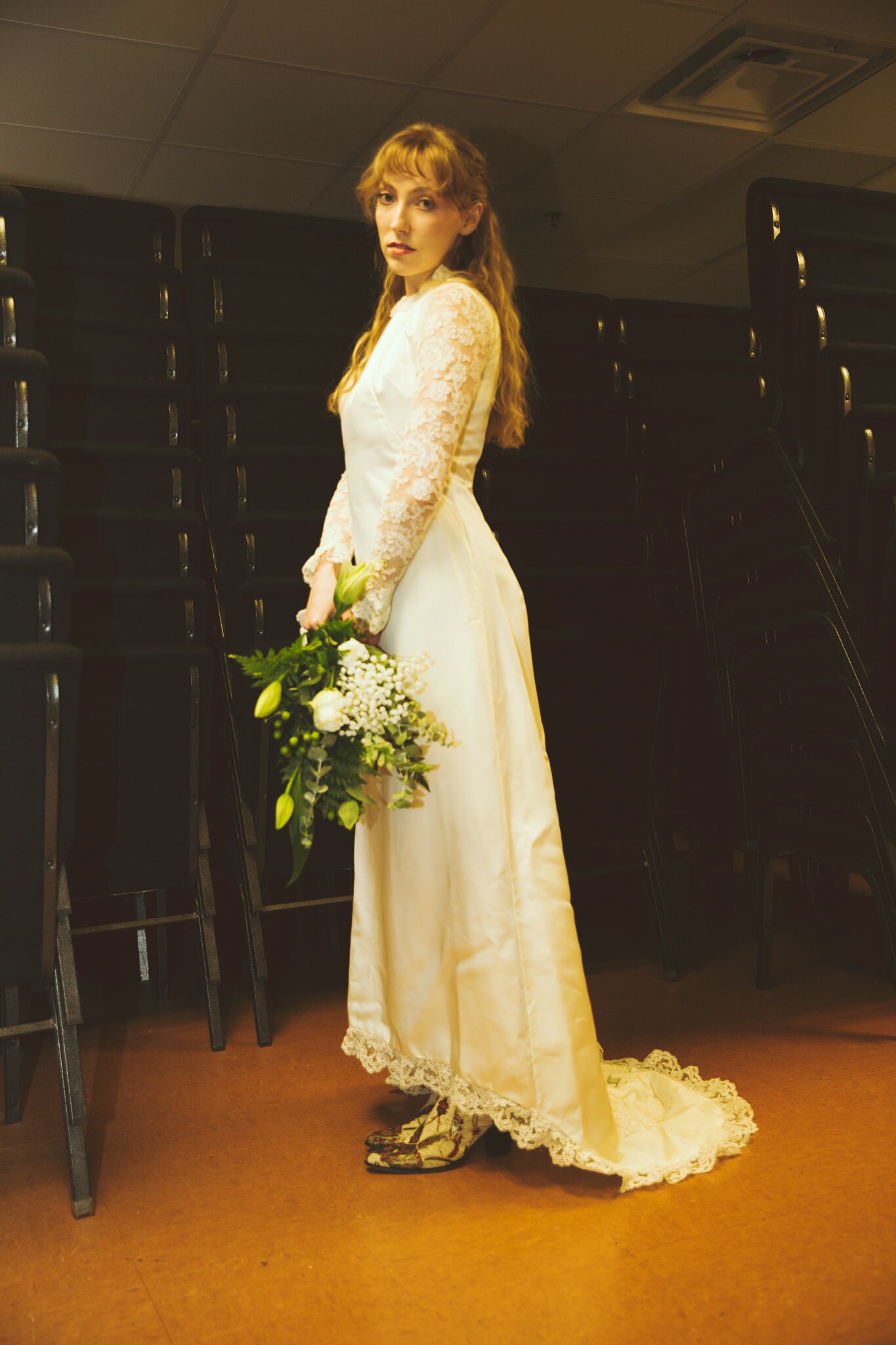 Ivory Satin Two Piece Lace Top Short Sleeves Wedding Dresses, Bridal Gowns, PW324 main image 1