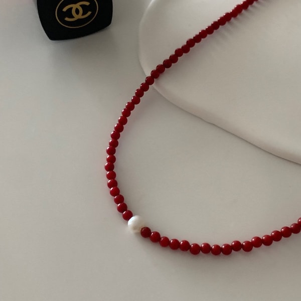 Halskette 925 Sterling Silber natürlicher rote Süßwasserperle, minimalistische Halskette mit Perlenanhänge,Rote Korallen Perlen,Rote Perlen