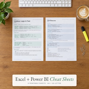 Excel + Power BI Spiekbriefjesbundel | 8 afdrukbare naslagbladen: Formules, DAX, Power Query, Sneltoetsen | A4 + US Letter