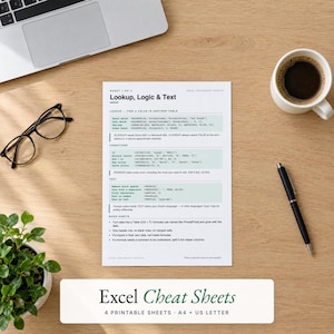 May include: A white reference sheet titled Lookup, Logic & Text with Excel formulas, black-rimmed glasses, a black pen, and a laptop on a wooden surface. The sheet includes sections for lookup, conditions, text, and good habits for Excel users.