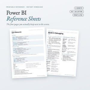 May include: Four printable Power BI reference sheets in A4 and US Letter sizes. The documents feature dark blue and black text on white backgrounds, detailing DAX measures, model and debugging information, and various technical data formulas.