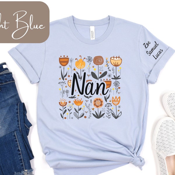 Nan Personalized Shirt, Sleeve Writing with Kids Names, Boho Style Nan Shirt with Wildflowers, Gift for Nan, Nan Flower Shirt, Boho Nan
