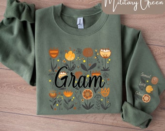 Gram Personalized Sweatshirt, Sleeve Writing with Kids Names, Boho Style Gram Shirt with Wildflowers, Gift for Gram, Gram Flower Shirt