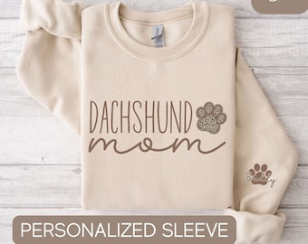 Dachshund Mom Sweatshirt or T-Shirt, VNeck, Dachshund Long Sleeve Tee, Dachshund Shirt with Sleeve Writing, Doxie Mom Shirt, Dachshund Gifts