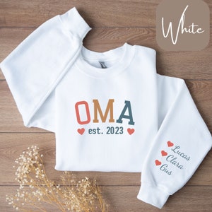 Personalized Oma Sweatshirt or T-Shirt, Oma Shirt with Kids Names, Sleeve Writing, Oma Est Shirt, Oma Established, Oma Mother&#39;s Day Gift