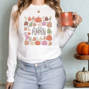 Long Sleeve Pumpkin Shirt, Pastel Fall Pumpkin Tee, Cute Autumn Graphic Top, Cozy Season Long Sleeve, Thanksgiving Pumpkin Shirt, Gourd tee