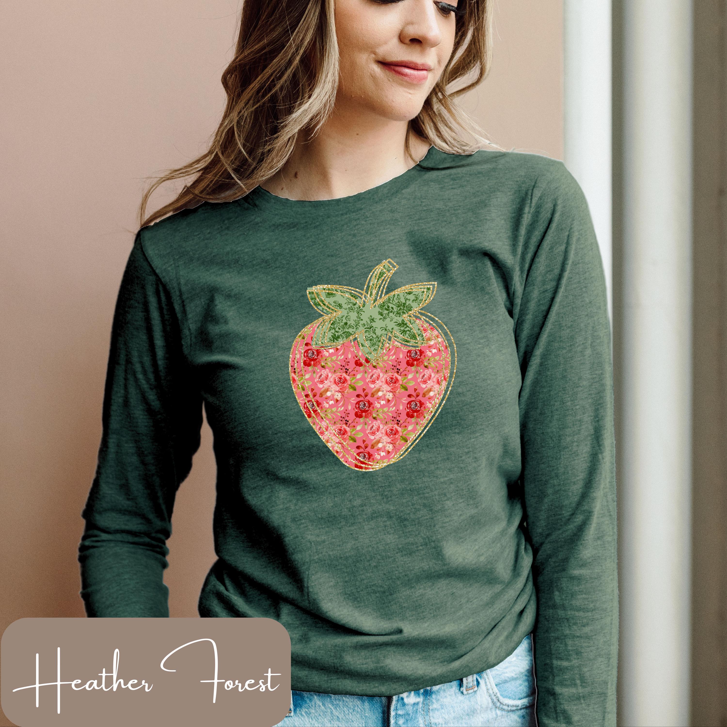 Strawberry Long Sleeve Tshirt, Floral Strawberry Shirt, Pink and