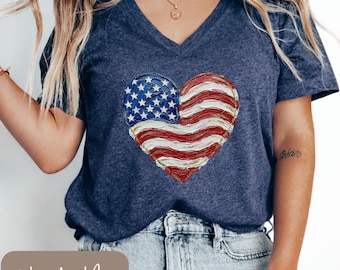 Vneck American Flag T-Shirt, VNeck Patriotic Shirt, 4th of July Womens Shirt, Patriotic USA 250th Anniversary, 4th of July VNeck, Flag Heart