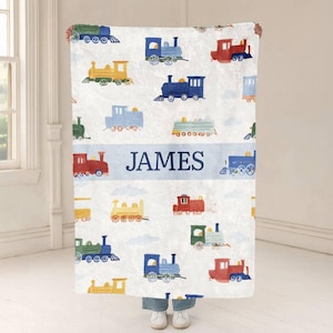 Pluche treindeken, gepersonaliseerd naamdeken, cadeaus babyjongen, decor kinderkamer, stoomlocomotief peutercadeau, decor kinderkamer wiegdeken