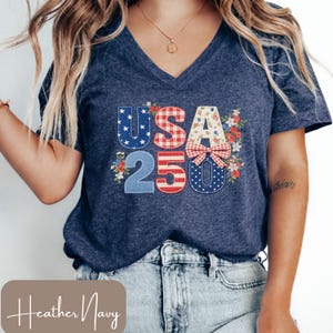 USA 250 V-Neck Shirt, America 250th Anniversary, Floral 4th of July V-Neck Tee, Womens Patriotic V-Neck, Girly Independence Day Shirt