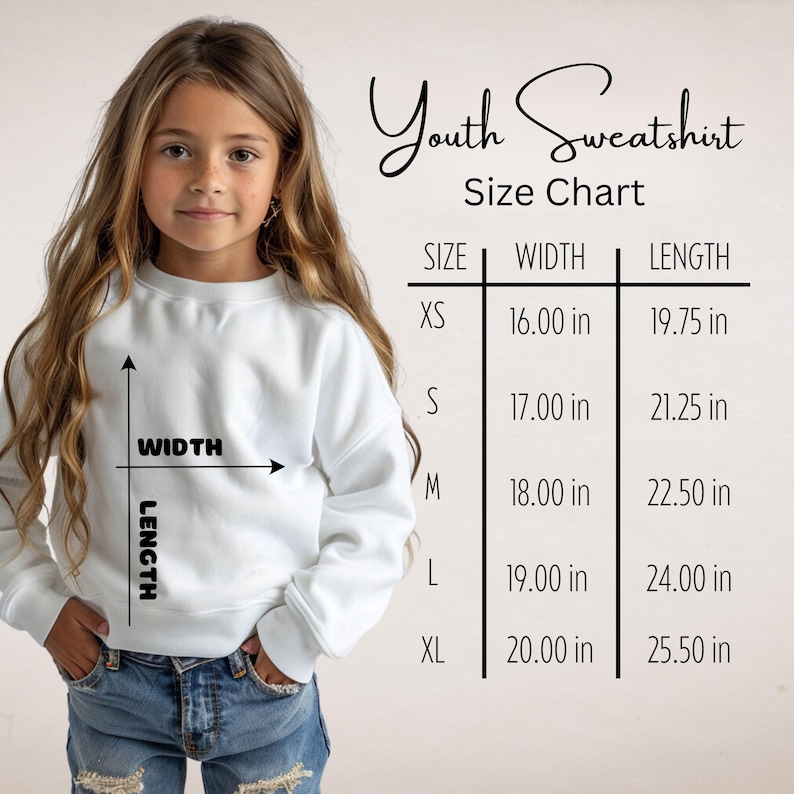 May include: A young girl wearing a white youth sweatshirt, with a size chart displayed to the right. The chart shows measurements in inches for width and length, ranging from XS to XL. The text "Youth Sweatshirt" is at the top.