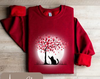 猫好きスウェットシャツ、猫長袖Tシャツ、猫バレンタインシャツ、猫好きギフト、猫ママシャツ、バレンタイン猫セーター、猫の飼い主ギフト