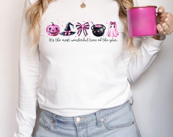 Long Sleeve Pink Halloween Shirt, Most Wonderful Time Tee, Pink and Black Halloween Top, Cute Spooky Long Sleeve, Girly Ghost Fall Shirt