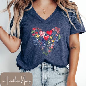 Floral Heart V-Neck Shirt, Wildflower Watercolor Heart Tee, Cottagecore Valentines Shirt, Botanical Love V Neck, Romantic Womens Shirt