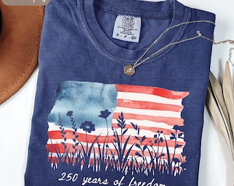 Camiseta patriótica Comfort Colors®, camiseta con flores silvestres de 250 años de libertad, camiseta conmemorativa del 250.º aniversario de Estados Unidos, camiseta floral del 4 de julio, camiseta con bandera vintage floral