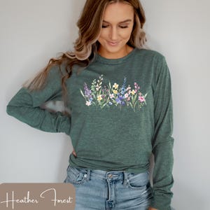 Long Sleeve Tee Floral, Watercolor Flowers Long Sleeve T-Shirt, Wildflower Womens Shirt, Nature Lover Gift, Pretty Floral Womens Tops