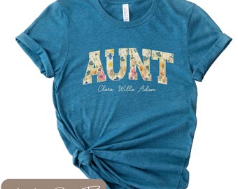Camiseta para tía, Camiseta personalizada con el nombre de sobrinos, Camiseta de tía con flores silvestres, Bonito regalo floral estilo cottagecore, Camiseta suave para tía, Regalo personalizado