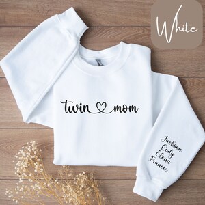 Personalized Twin Mom Sweatshirt or T-Shirt, Custom Twin Mama Shirt with Kids Names, Sleeve Writing, Twin Mama Gift, Twin Mom Sweatshirt